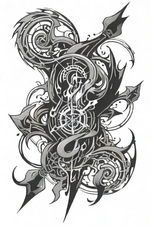 An abstract tattoo design inspired by full metal alchemist anime, incorporating fire element and thunder tattoo design idea