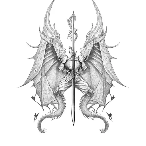 knight with dragon wings rising a shining sword tattoo design idea