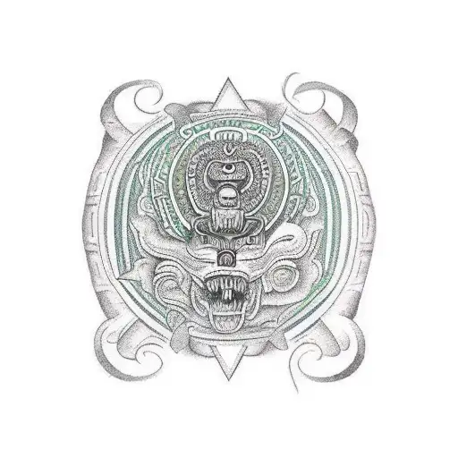 Mexican culture sleeve, include Quetzalcóatl and Tezcatlipoca  tattoo design idea