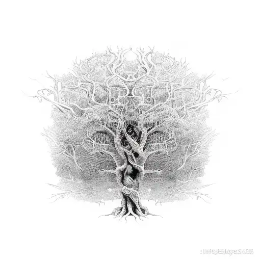 An intricate tree of knowledge with roots made of stock market charts tattoo design idea