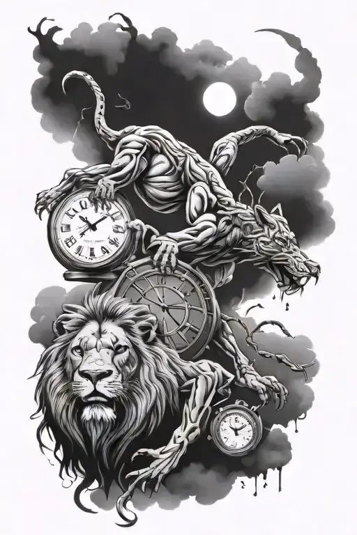Create me a tattoo with no colors that includes clouds, clock, kobe bryant logo, spiders, lion tattoo design idea