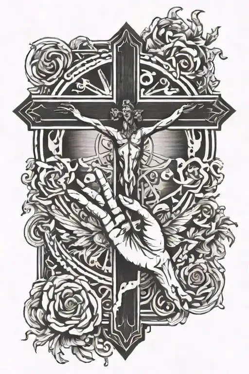 Cross with the creation of adam hands centered  below the cross tattoo design idea