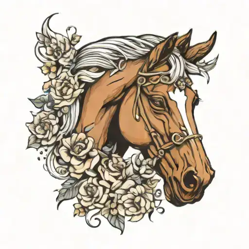 horse head with flowers intertwined tattoo design idea