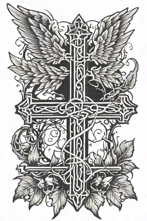 Crown of thorns on spine with cross on top and angel wings come out of cross tattoo design idea