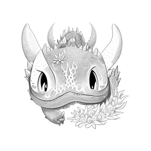 sleeve with flowers, waves and chibi toothless from how to train your dragon tattoo design idea