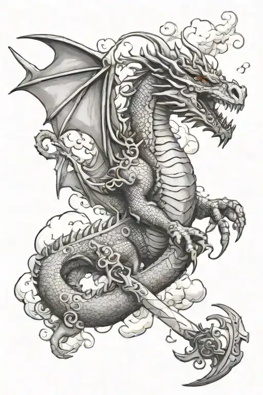 dargon and clouds, sky, warrior, sword, fire breathing dragon, bloody, skulls tattoo design idea