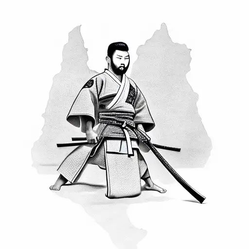 japanese samurai man with sword and  a jiu jitsu gi tattoo design idea