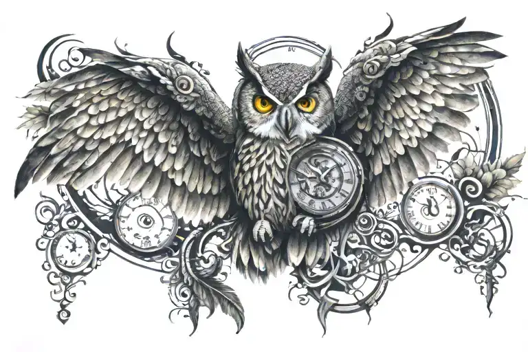 owl with clock face tattoo design idea
