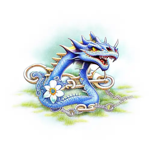 forget me nots and dragons with chains tattoo design idea