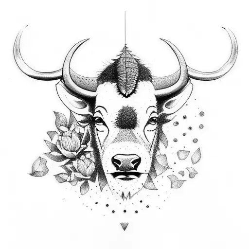Dotwork tattoo of a buffalo and butterfly combined, representing the harmony between nature and spirituality tattoo design idea