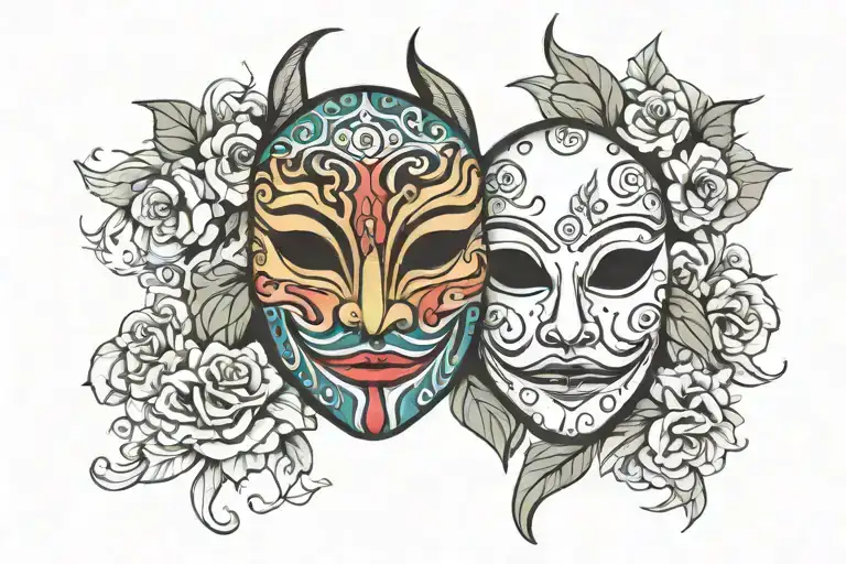 sad mask happy mask surrounded tattoo design idea