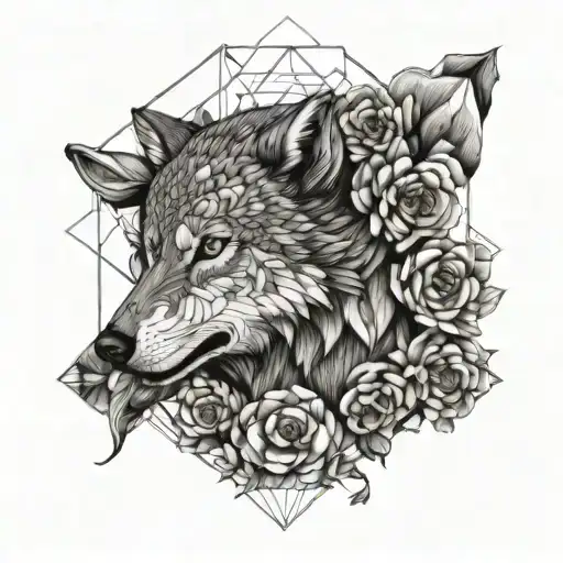 wolf, flowers, geometry tattoo design idea