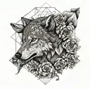 wolf, flowers, geometry tattoo design idea