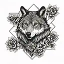 wolf, flowers, geometry tattoo design idea