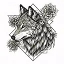 wolf, flowers, geometry tattoo design idea