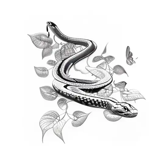 1 snake, 1 butterfly, and lots of leaves and vines tattoo design idea