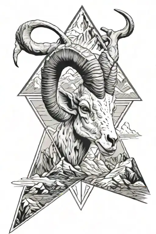 A realistic depiction of the big horn sheep skull and mountains within the upside-down triangle frame will be the center tattoo design idea