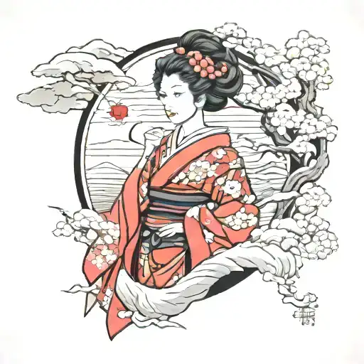 japanese neo style mountain geisha tattoo design idea