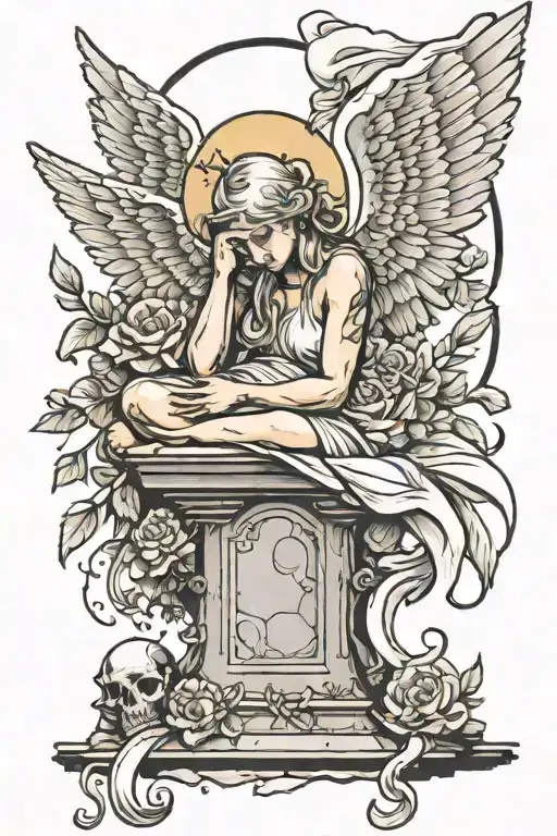 angel tied down to grave stone lefted up by other angels tattoo design idea