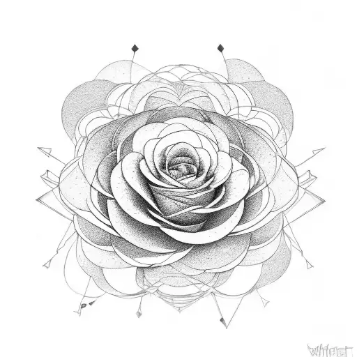 An abstract geometric design incorporating elements of roses, ranunculus, peony, hydrangea, and eucalyptus tattoo design idea