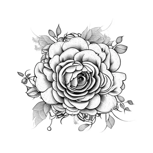 A floral wreath made up of roses, ranunculus, peony, hydrangea, and eucalyptus tattoo design idea