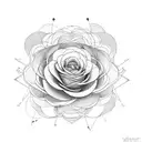 An abstract geometric design incorporating elements of roses, ranunculus, peony, hydrangea, and eucalyptus tattoo design idea