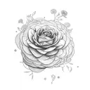 An abstract geometric design incorporating elements of roses, ranunculus, peony, hydrangea, and eucalyptus tattoo design idea