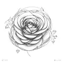 An abstract geometric design incorporating elements of roses, ranunculus, peony, hydrangea, and eucalyptus tattoo design idea