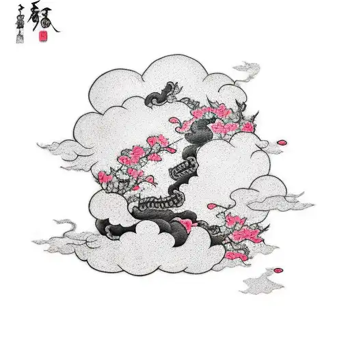 sleeve tattoo black clouds with money and roman numerals and cherry blossoms coloured tattoo design idea