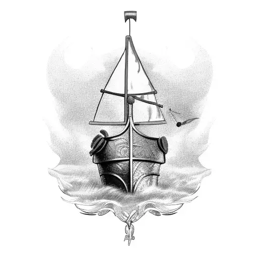 A detailed viking ship battle scene with intricate line work and shading tattoo design idea