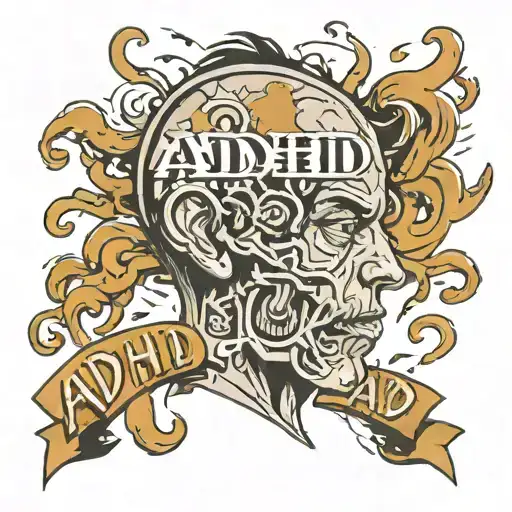 Typography of the word adhd that fade into a person head that have a storm in his mind tattoo design idea