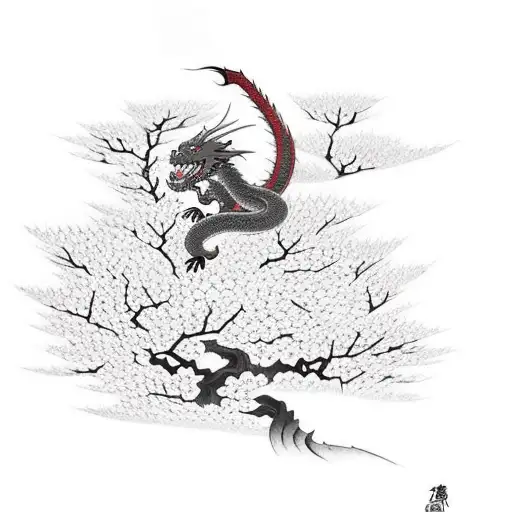 A ninja stealthily climbing a cherry blossom tree with a dragon soaring above tattoo design idea
