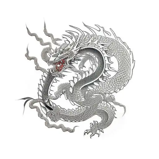 A fierce dragon wrapped around a cherry blossom tree in a medieval Japanese setting tattoo design idea