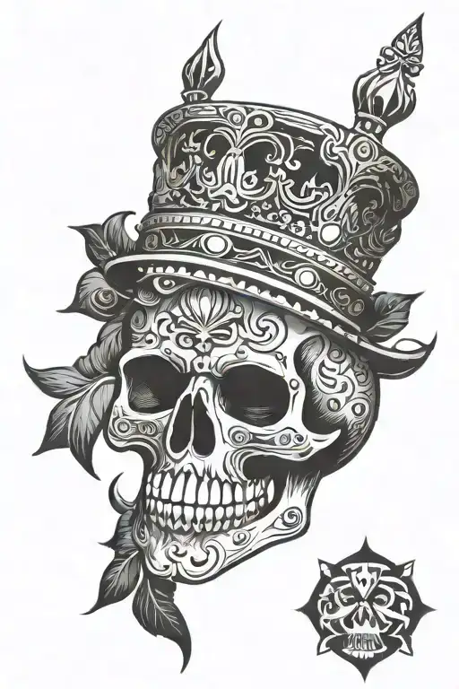 mexican tribal skull wearing a crown tattoo design idea