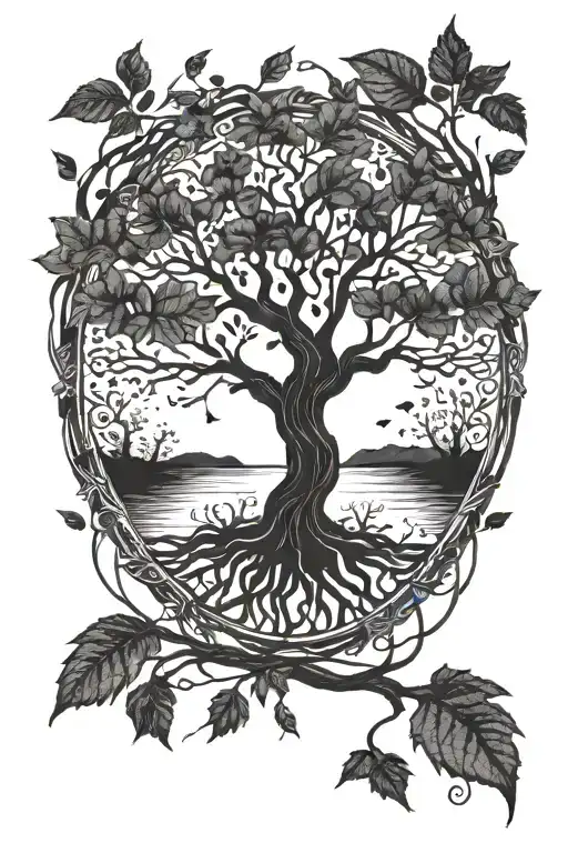 Tree of life, with one side being dead, the other alive, and dead leaves on the ground tattoo design idea