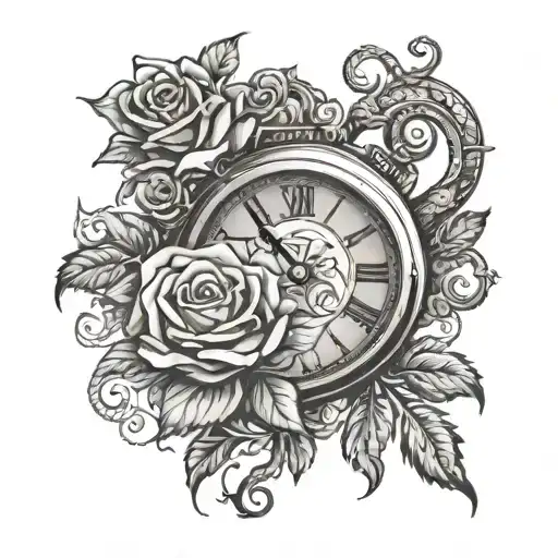 classic clock in Roman numerals. Encircling the clock is a snake swallowing its own tail, beautiful roses bloom around  tattoo design idea