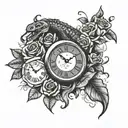 classic clock in Roman numerals. Encircling the clock is a snake swallowing its own tail, beautiful roses bloom around  tattoo design idea