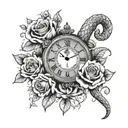 classic clock in Roman numerals. Encircling the clock is a snake swallowing its own tail, beautiful roses bloom around  tattoo design idea