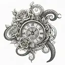 classic clock in Roman numerals. Encircling the clock is a snake swallowing its own tail, beautiful roses bloom around  tattoo design idea