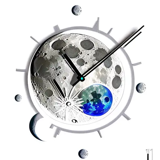photo realistic moon with clock hands pointing to the time 1:11 tattoo design idea