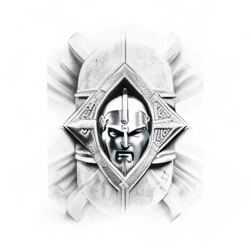 spartan lambda in the middle and zeus in the background, in a divine scenery mythology ultra realistic and shade tattoo design idea