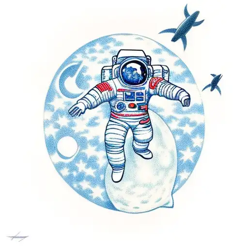 full body astronaut in space with moon behind in full color tattoo design idea