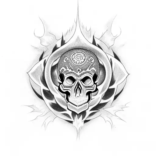 skull surrounded by dotwork flames in the shape of an admin symbol tattoo design idea
