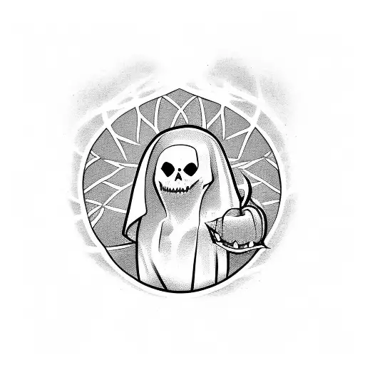 Ghost with a tomb stone in one hand and a pumpkin next to him tattoo design idea