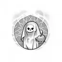 Ghost with a tomb stone in one hand and a pumpkin next to him tattoo design idea