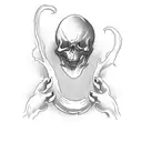 Ghost with a tomb stone in one hand and a pumpkin next to him tattoo design idea