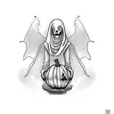 Ghost with a tomb stone in one hand and a pumpkin next to him tattoo design idea