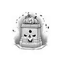 Ghost with a tomb stone in one hand and a pumpkin next to him tattoo design idea