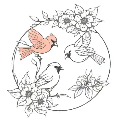 birth flowers intertwined with cardinal bird tattoo design idea
