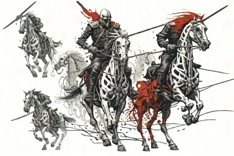 4 horsemen of the apocalypse skeleton riding each with diffent melee weapons facing the same direction tattoo design idea